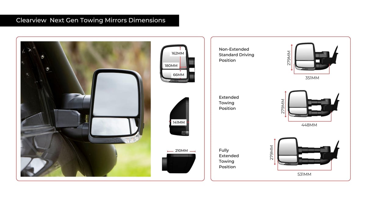 Clearview Next Gen towing mirrors dimensions showing extended and non-extended positions with side-by-side comparison diagrams