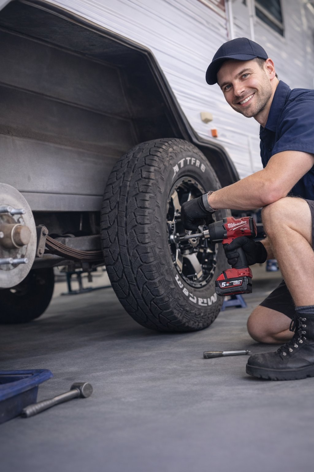 Mechanic in blue shirt and cap using power drill on truck tire in garage driveway
